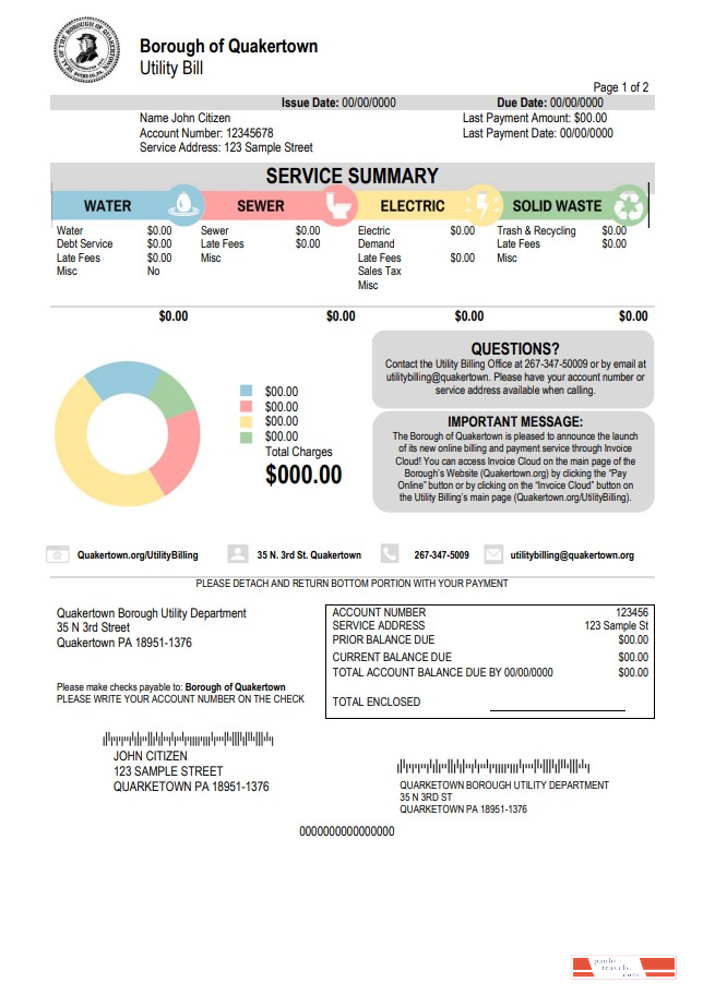 USA Pennsylvania Quakertown Borough utility bill template in Word and PDF format